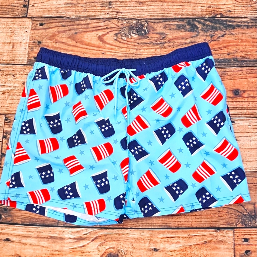 Way To Celebrate Men's Red & Blue Solo Cup Print Swim Trunks  Inseam 7"